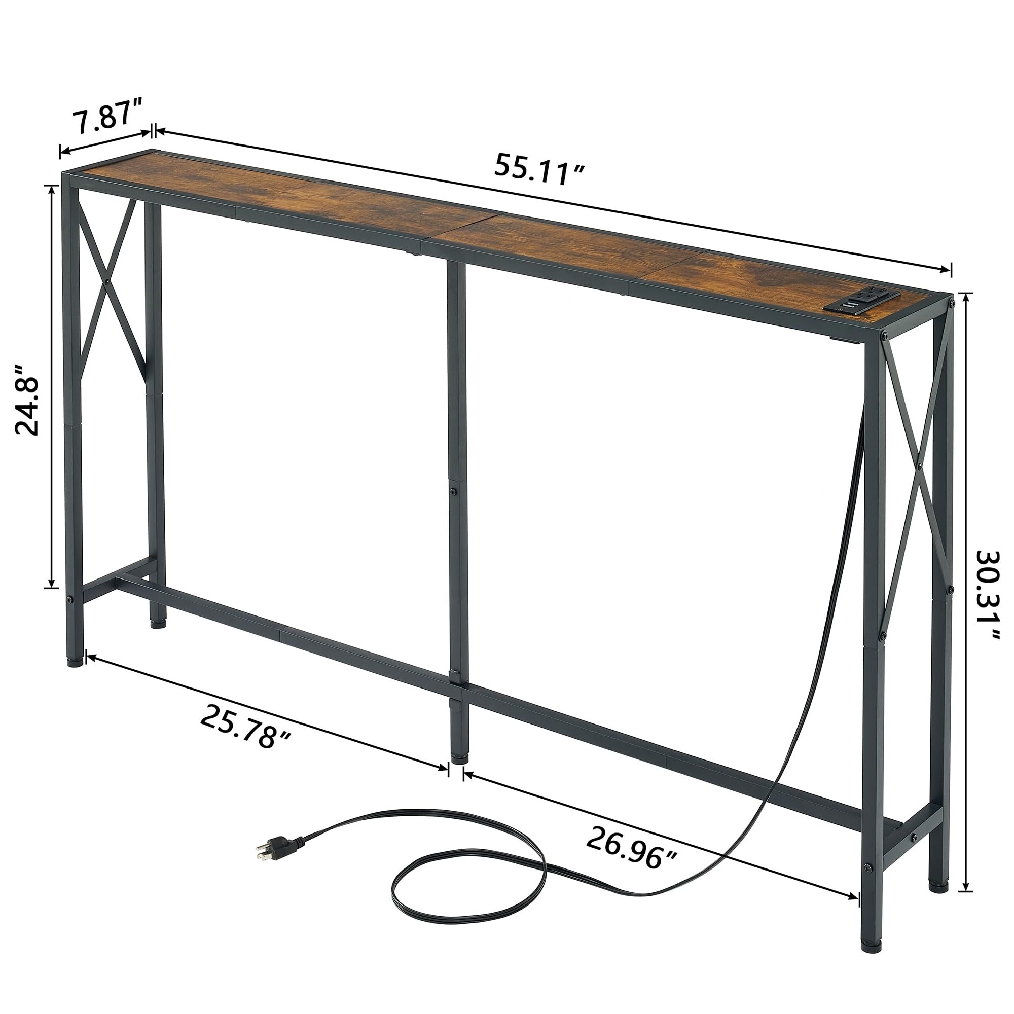 Metal Frame Wood Tabletop Behind Sofa Side Table Wall Decorative Shelves Console Table with Power 55.1W