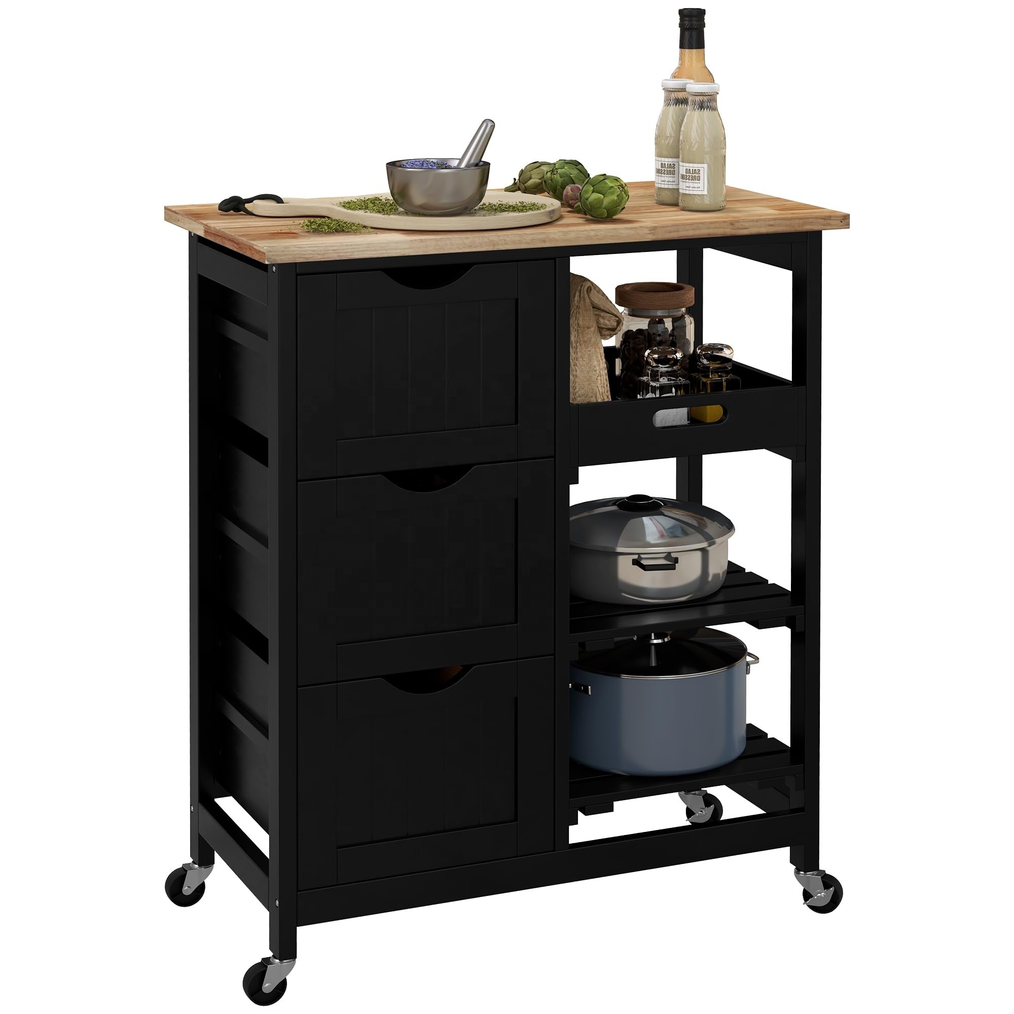 Modern Kitchen Island on Wheels with Drawers and shelves black kitchen Cabinet Kitchen Cart with Storage