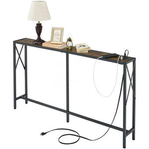 Metal Frame Wood Tabletop Behind Sofa Side Table Wall Decorative Shelves Console Table with Power 55.1W