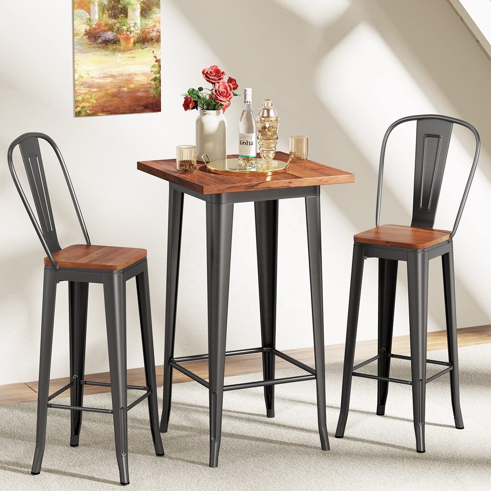 Restaurant 3 Piece Bar Table Set with 1 Table and 2 High Back Chairs Dining Table Set for 2