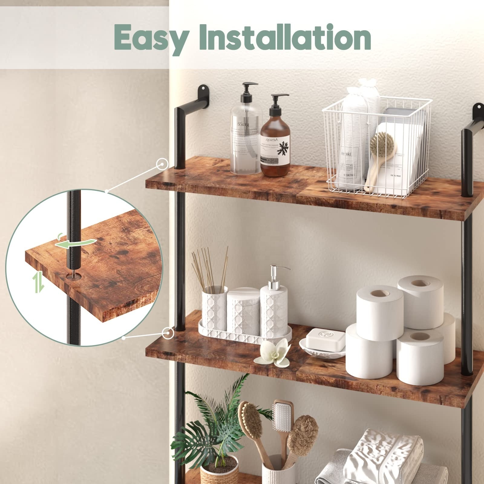 Toilet Storage Wall Shelf With Burnt Solid Wood 3 Tier Display Shelves For Home DecorToilet Storage Shelf Wood For Bathroom