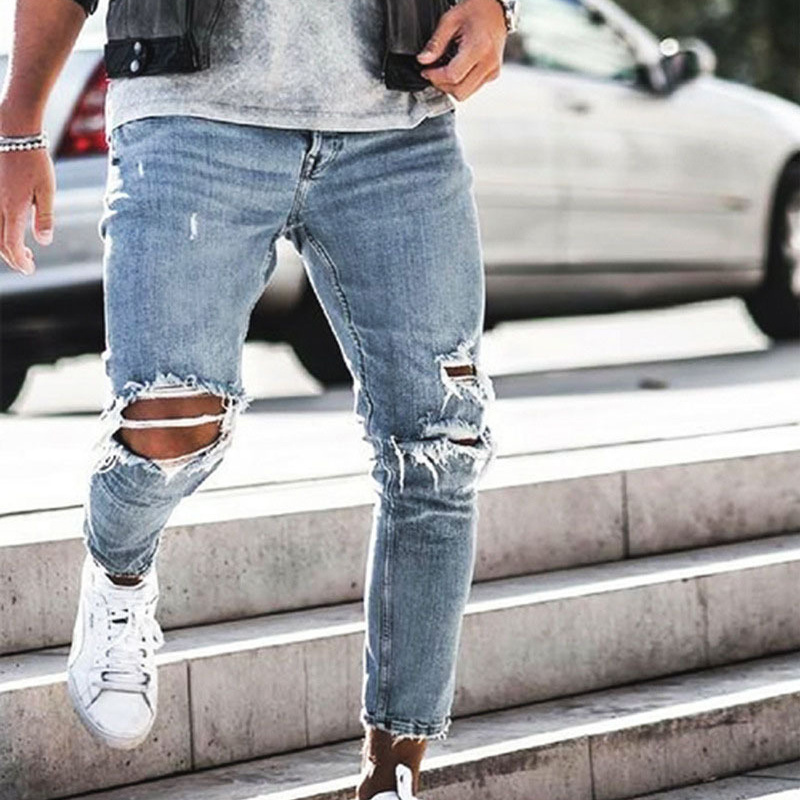 XINGKONG Men's Distressed Ripped Jeans - High Street Vintage Straight Stretch Denim