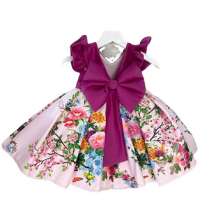 XINGKONG Big Bow Christmas Flower Girl Party Princess Dress Printed V-back Birthday Ball Gown