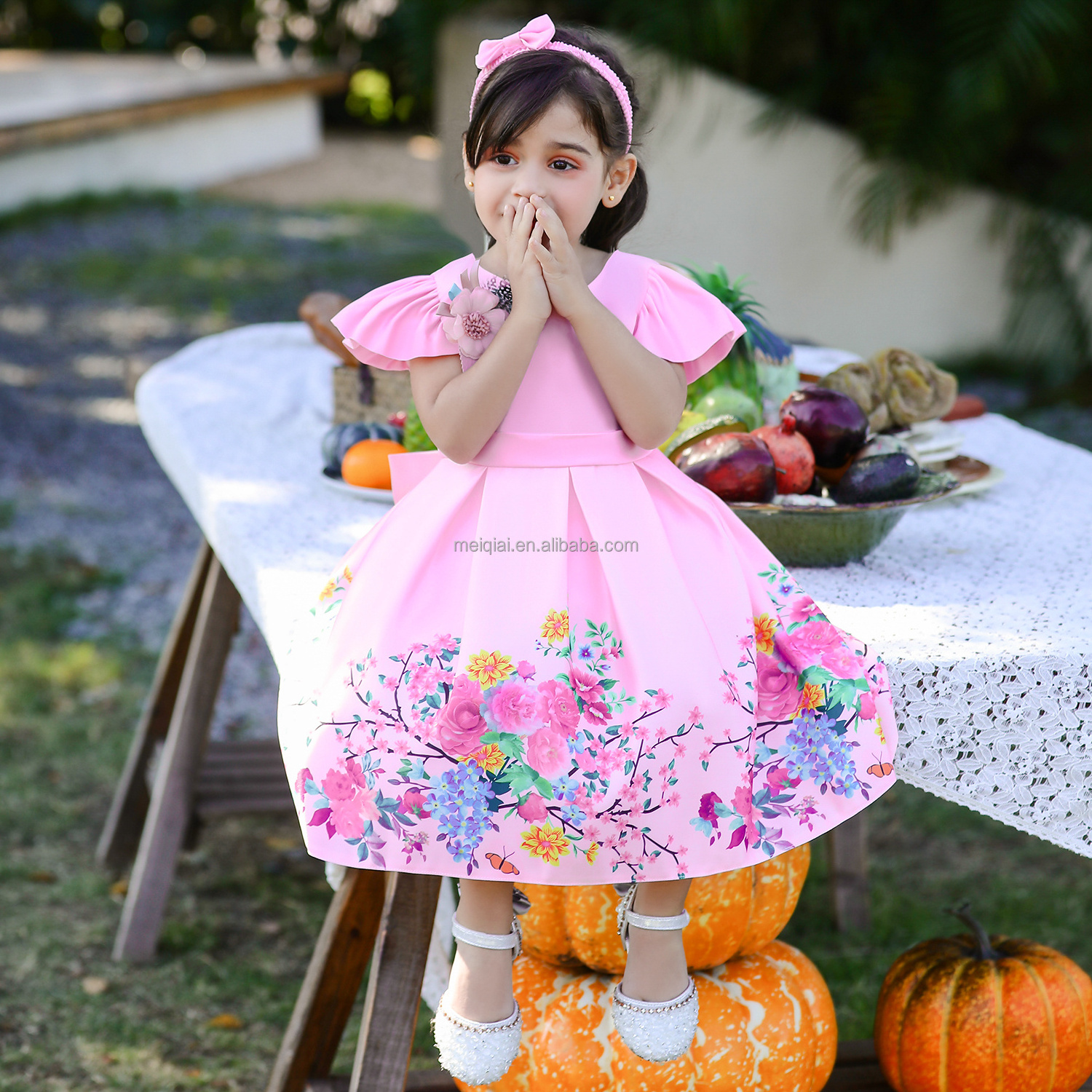 XINGKONG Big Bow Christmas Flower Girl Party Princess Dress Printed V-back Birthday Ball Gown