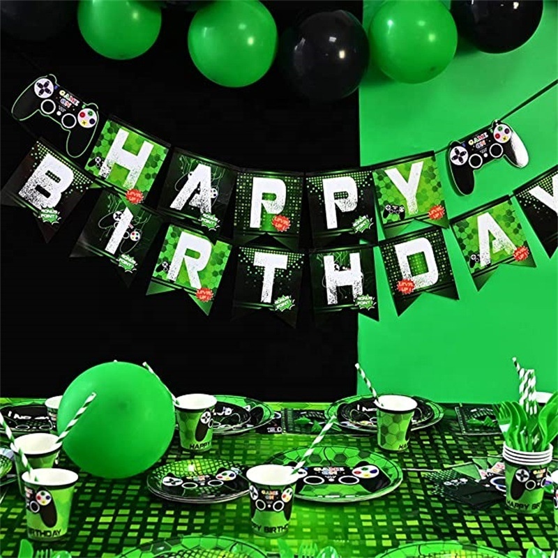 Game Theme party set green disposable paper plate cup tableware set game on baby birthday party supplies For Boys