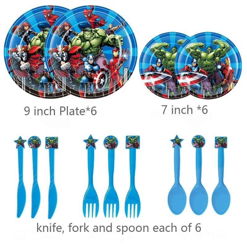 Superhero themed cartoon children's birthday party supplies paper plate tablecloth pull flag knife fork and spoon set