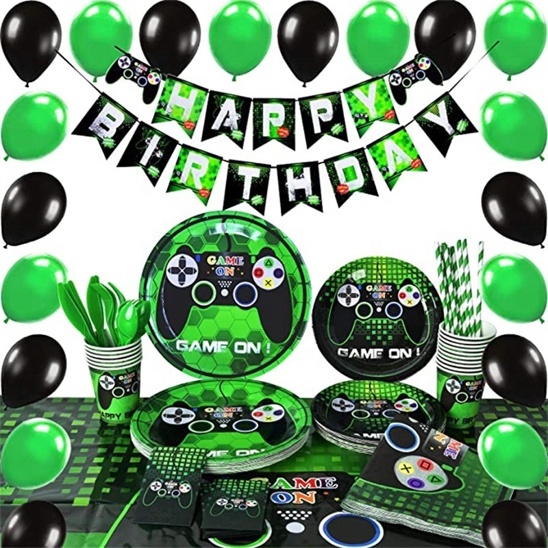 Game Theme party set green disposable paper plate cup tableware set game on baby birthday party supplies For Boys