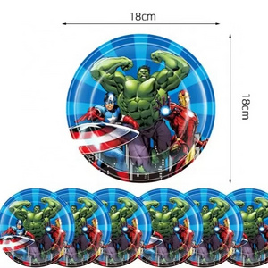 Superhero themed cartoon children's birthday party supplies paper plate tablecloth pull flag knife fork and spoon set