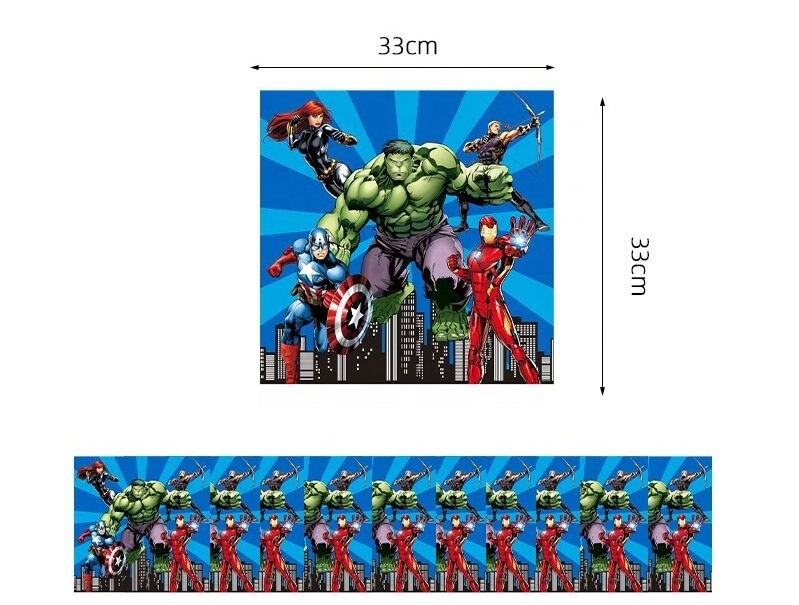 Superhero themed cartoon children's birthday party supplies paper plate tablecloth pull flag knife fork and spoon set