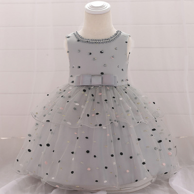 Years old baby baby dress infant beaded princess dress embroidered wave point bow sleeveless mesh wash dress