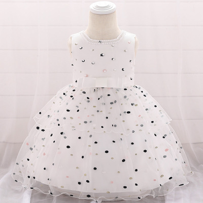 Years old baby baby dress infant beaded princess dress embroidered wave point bow sleeveless mesh wash dress