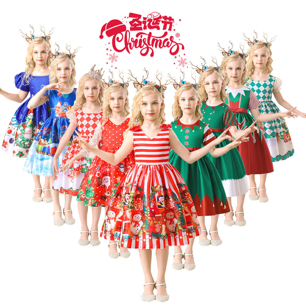 Christmas costume children's print Santa snowflake elf costume children's party dress kids clothing custom