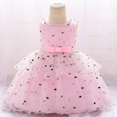 Years old baby baby dress infant beaded princess dress embroidered wave point bow sleeveless mesh wash dress