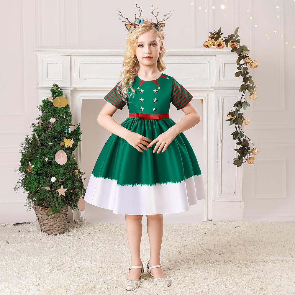 Christmas costume children's print Santa snowflake elf costume children's party dress kids clothing custom