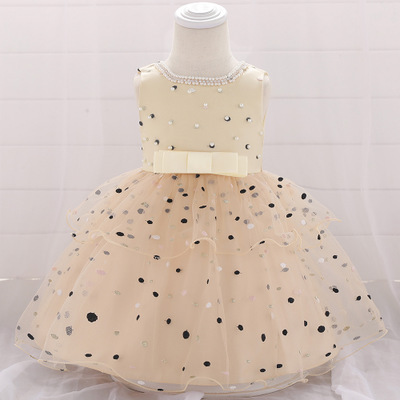 Years old baby baby dress infant beaded princess dress embroidered wave point bow sleeveless mesh wash dress