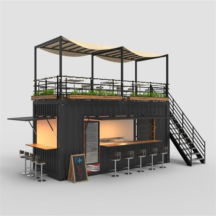 Double-deck Restaurant Kiosk Modified Prefab Modular Coffee Shop Shipping Container Bar with Roof Fencing