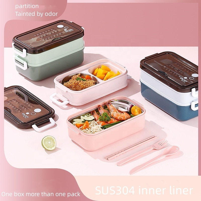 Bento Box Double-layer Lunchbox with Bowls and Chopsticks Lunchbox Plastic 304 Stainless Steel Carton Reusable Plastic Storage