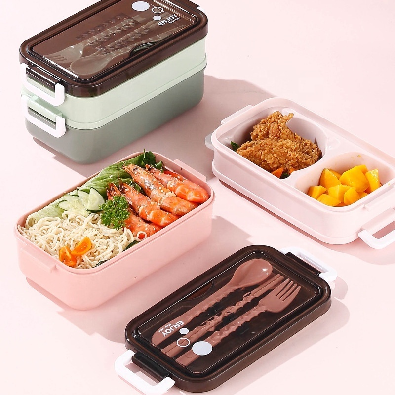 Bento Box Double-layer Lunchbox with Bowls and Chopsticks Lunchbox Plastic 304 Stainless Steel Carton Reusable Plastic Storage