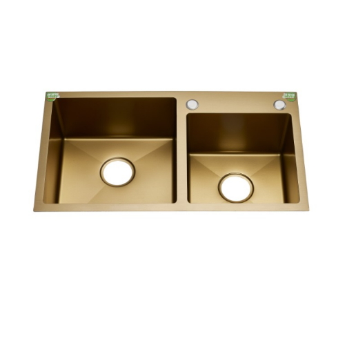 Newest Gold Color Double Bowl Stainless Steel Handmade Kitchen Sink Hrg7843