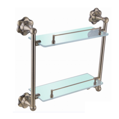 wall mounted antique bronze brass double tier tempered glass wall suction cup shelf KD-9514