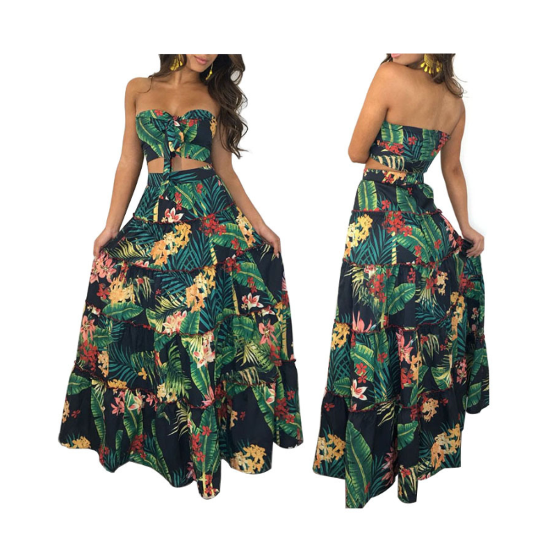 Wholesale European Fashion Women Sexy 2pcs Boat Neck Printed Beach Dresses BY-001