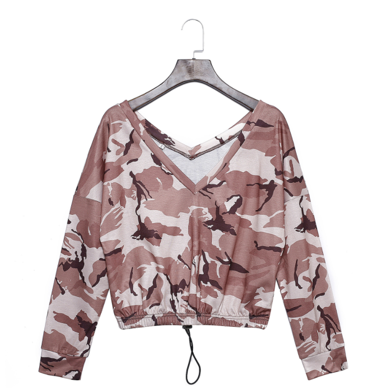 New design fashionable camouflage allover printed ladies crop top hoodies TMF-003