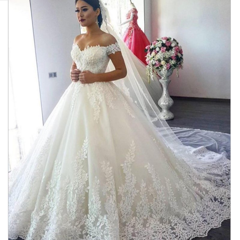 Off the Shoulder Lace Applique Wedding Dresses  Elegant V Neck Wedding Dresses S-002