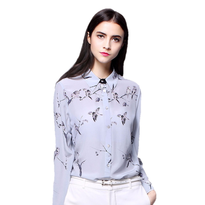 Long sleeve silk blouse women high quality floral printing silk shirts ZS-001