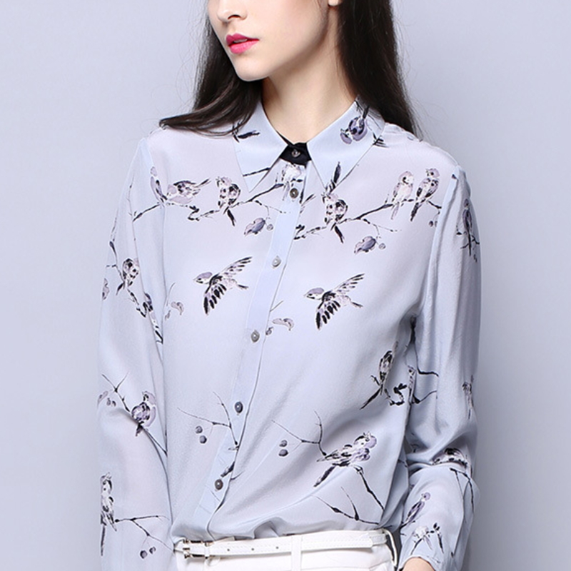 Long sleeve silk blouse women high quality floral printing silk shirts ZS-001