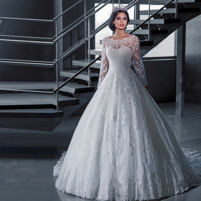New arrivals  wedding bride dress white wedding gown with long sleeves H-001