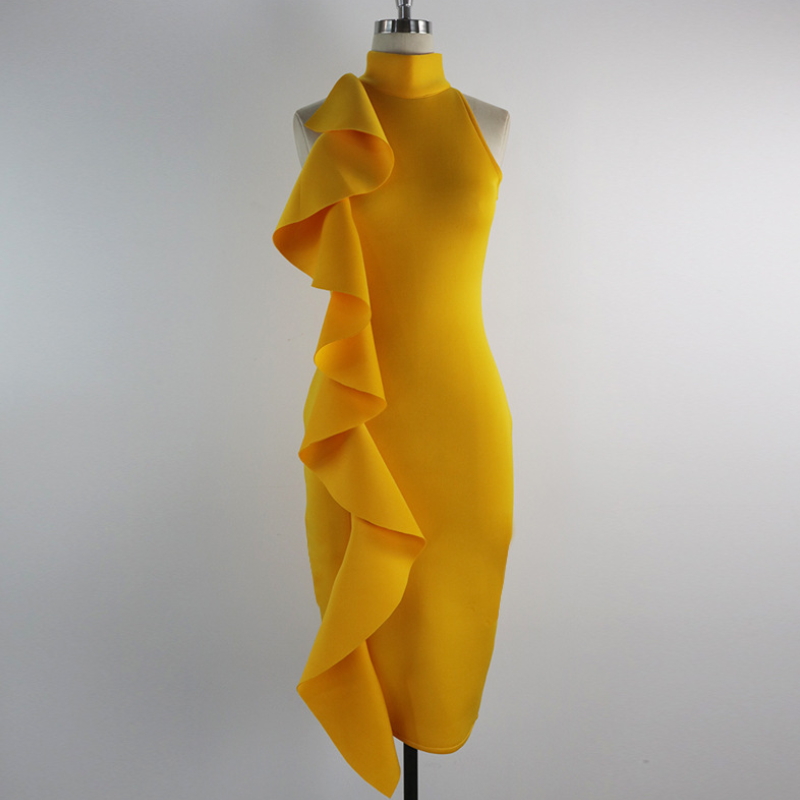 Yellow Slim Dress Patchwork Layers Ruffles Dinner Evening Party Dresses Sleeveless Bj-007