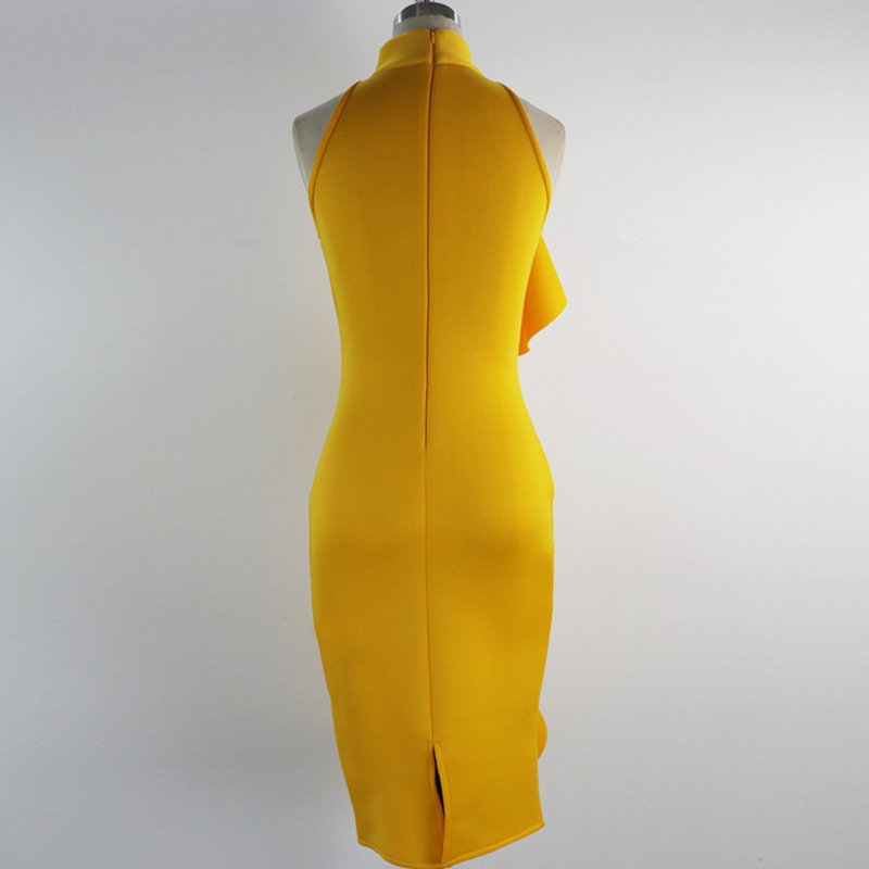 Yellow Slim Dress Patchwork Layers Ruffles Dinner Evening Party Dresses Sleeveless Bj-007