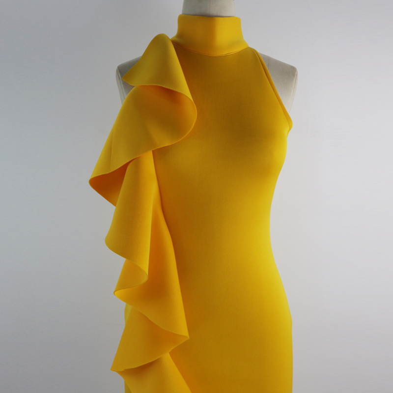 Yellow Slim Dress Patchwork Layers Ruffles Dinner Evening Party Dresses Sleeveless Bj-007