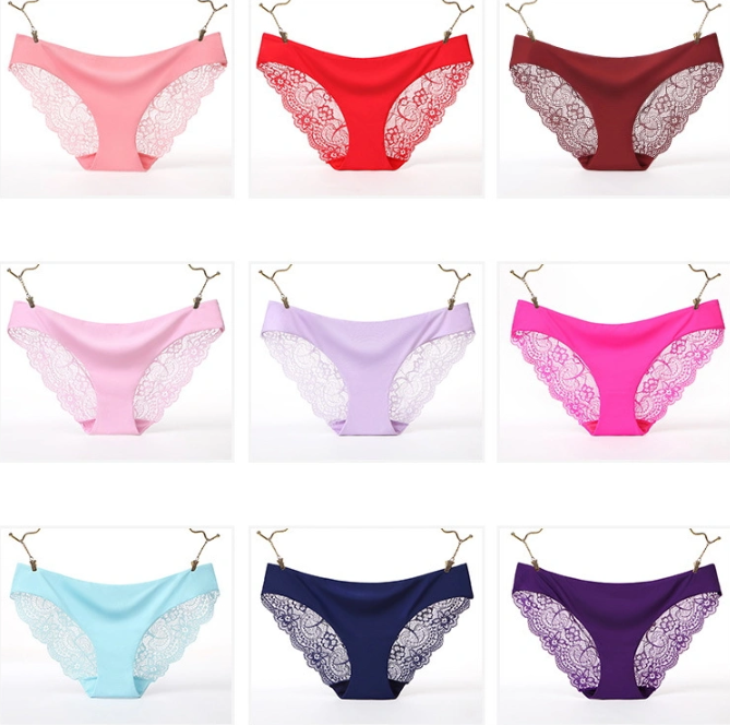Ladies Sexy Lace Panties One Ice Silk Trackless Panties Cotton Crotch Thong Low Waist Briefs