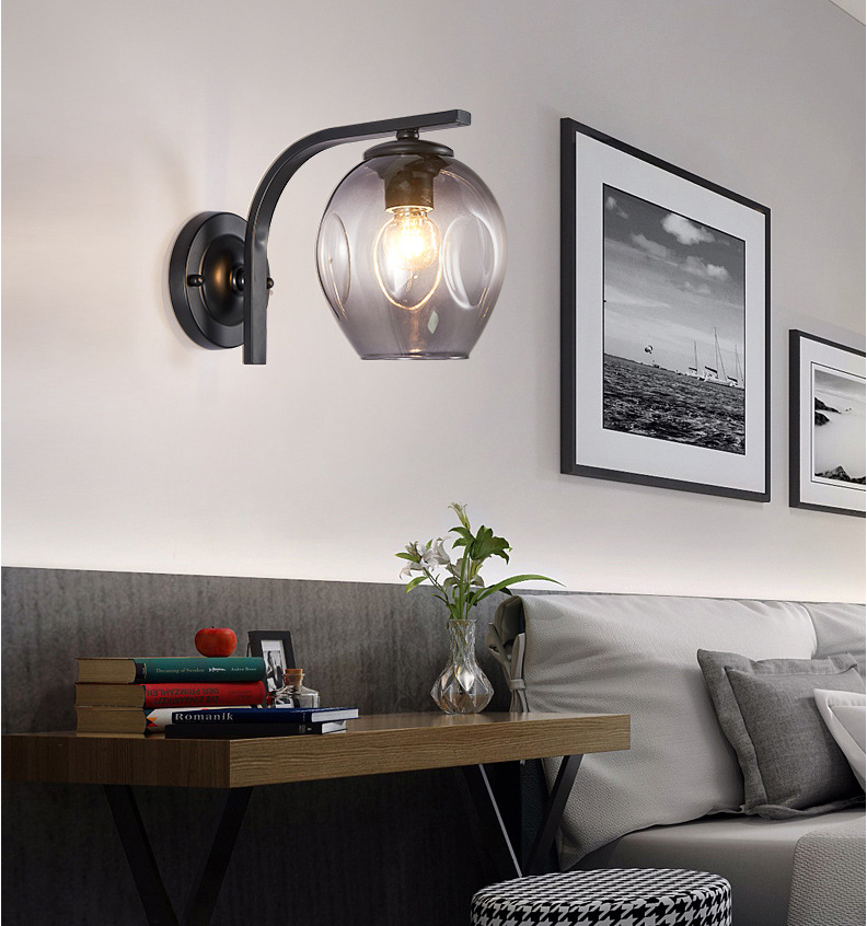 Simple retro bedroom bedside glass ball iron LED wall lamp for aisle American restaurant coffee