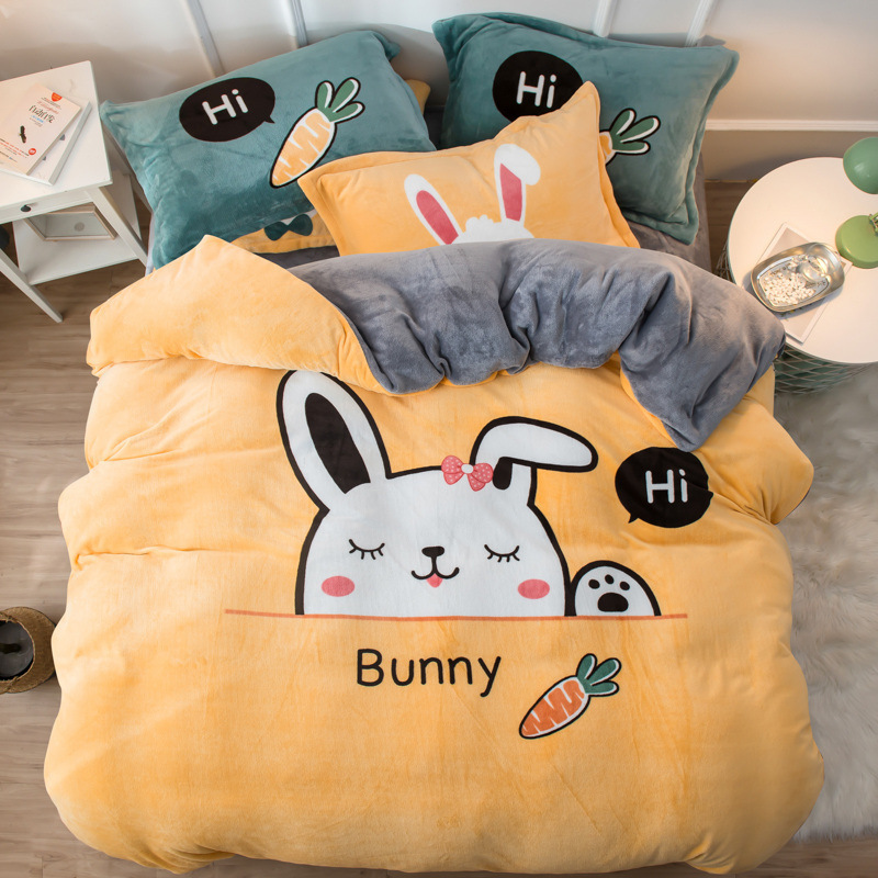 Thickened Large Four-Piece Fleece Set for Autumn and Winter Warmth Cartoon Coral Fleece Bedding Kit