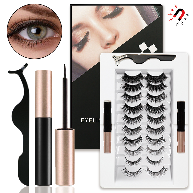 New Two Magnetic Eyeliner and 10 Pairs of Mixed Glue-Free Magnetic False Eyelashes Set with Tweezers