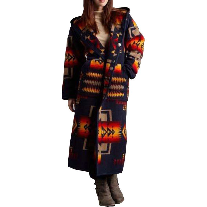 2020 New Long Windbreaker Printed Personality Hooded Thick Woolen Coat
