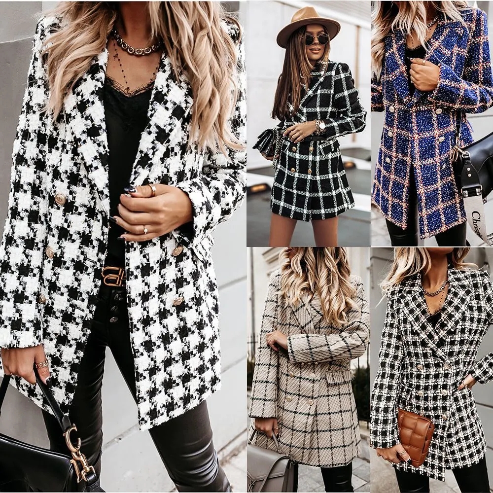 Autumn and Winter Woolen Clothprinted Thicken Lapel MID-Length Coat for Women Ladies