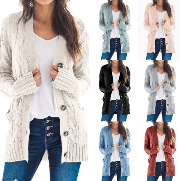 New Autumn and Winter Women′s Casual Cardigan Coat in Pure Color Twist Button Cardigan Sweater