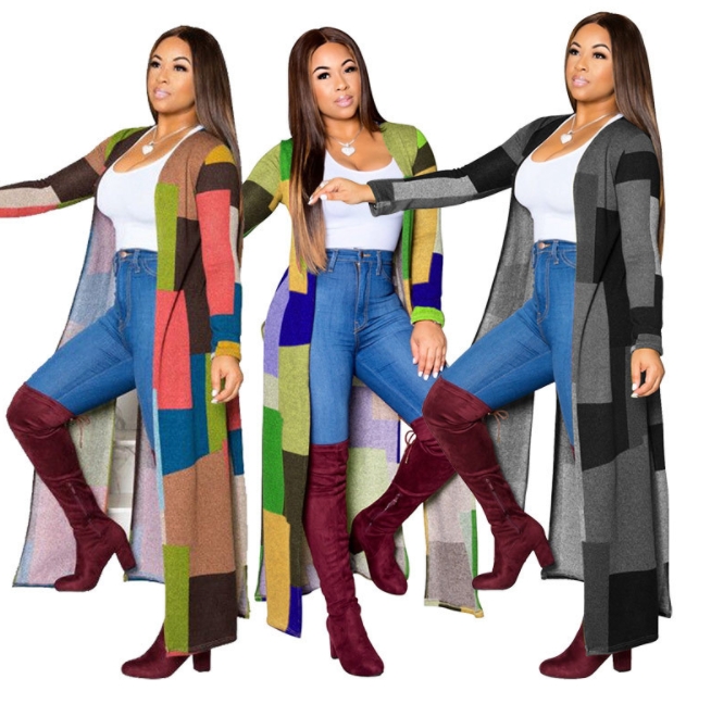 Fashion trendy hot selling women plaid printed long trench coat for ladies