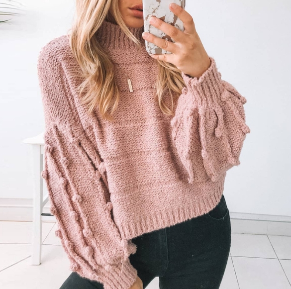 Decal Sweater Women Stand Neck Knit Autumn Winter New Languid Style V-Neck Pure Color Wool Balls Warm Sweater