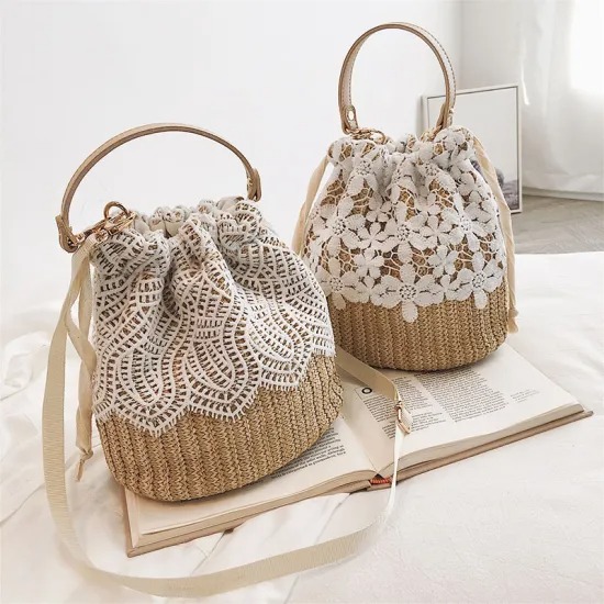 Amazon Hot Selling Cheap Handbags Small Fashion Draw String Women Rattan Woven Lace Bucket Bag