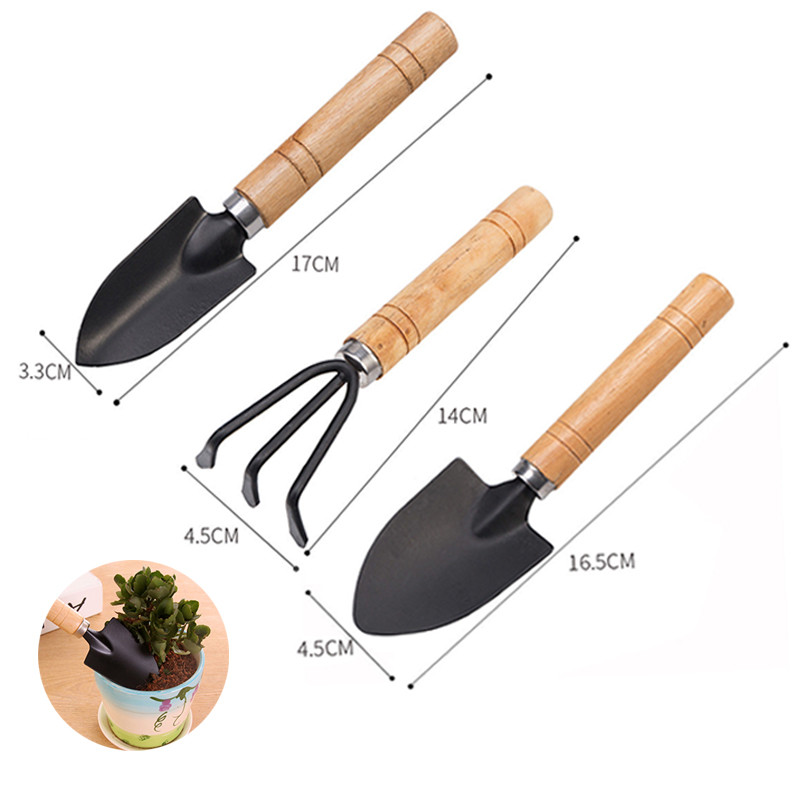3PCS Mini Garden Shovel Wooden Handle for Flowers Potted Plant Tools Rake Spade Gardening Tools