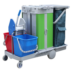 Plastic Housekeeping Cleaning Janitorial Cleaning Trolley Cart For Air Hotel Cleaning Trolley With Bucket Wringer