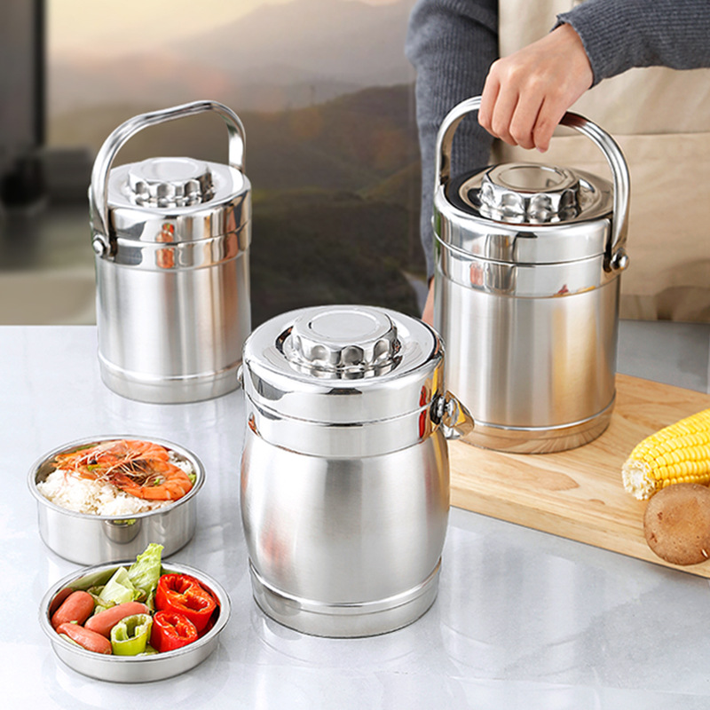 Stainless Steel Heat Preservation Pot Three-layer Lunch Bucket Adult Student Drum-shaped Pot