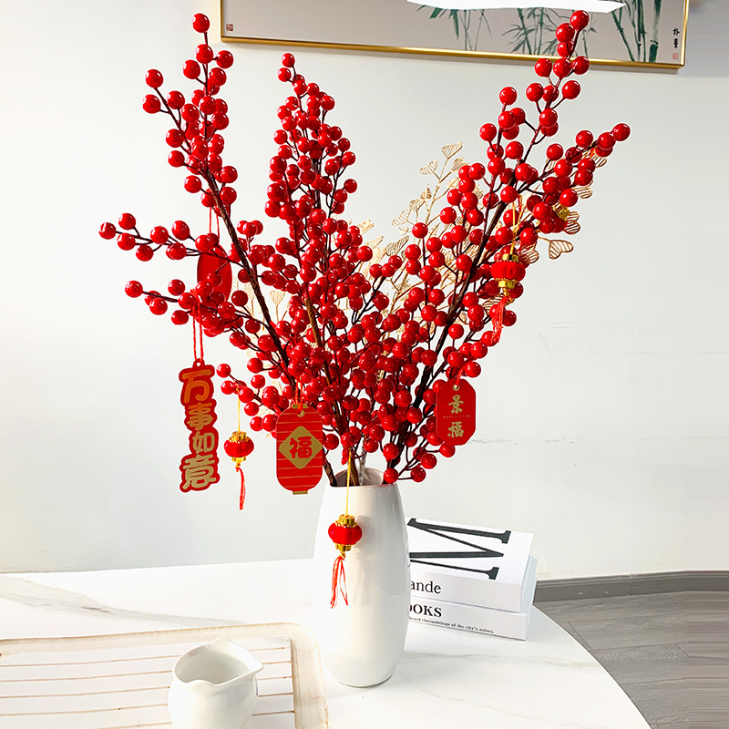 Holiday Decoration Christmas tree DIY Accessories Long Branch Plant with Stem foam Berry Christmas Red Berry Flower