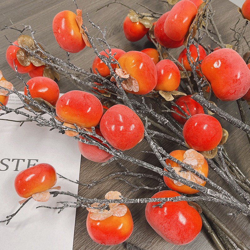 Realistic Simulation Foam Four Head Persimmon Branch Polystyrene Material Plant Fruit for New Year Decoration