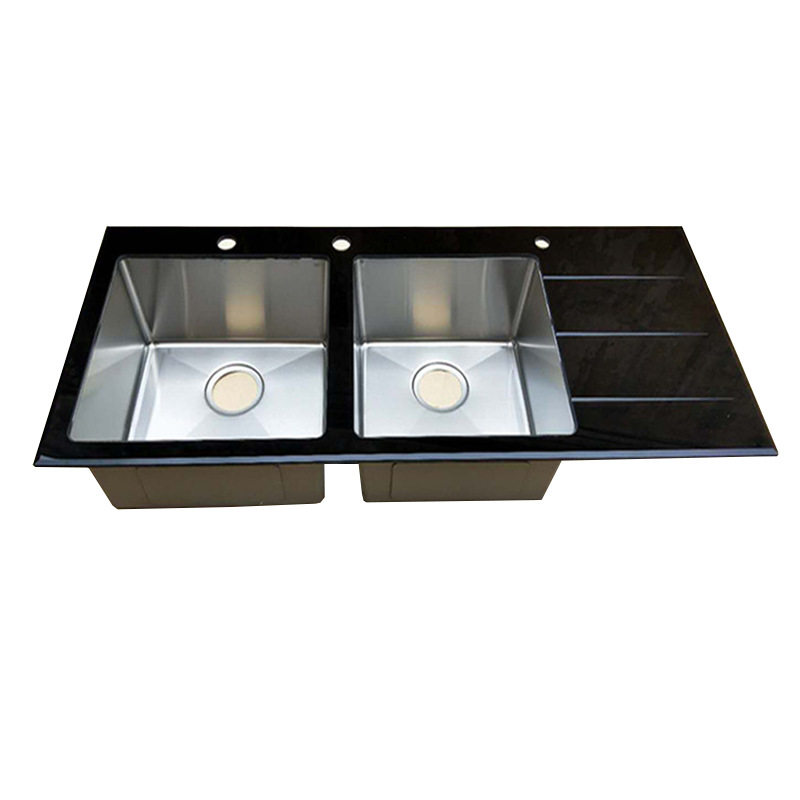 New Toughened Glass Stainless Steel Double Sink With Plate