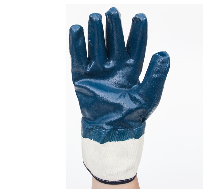 Fully Cotton Lined Blue Smooth Nitrile Coated Rough Finish Cuff Safety Gloves